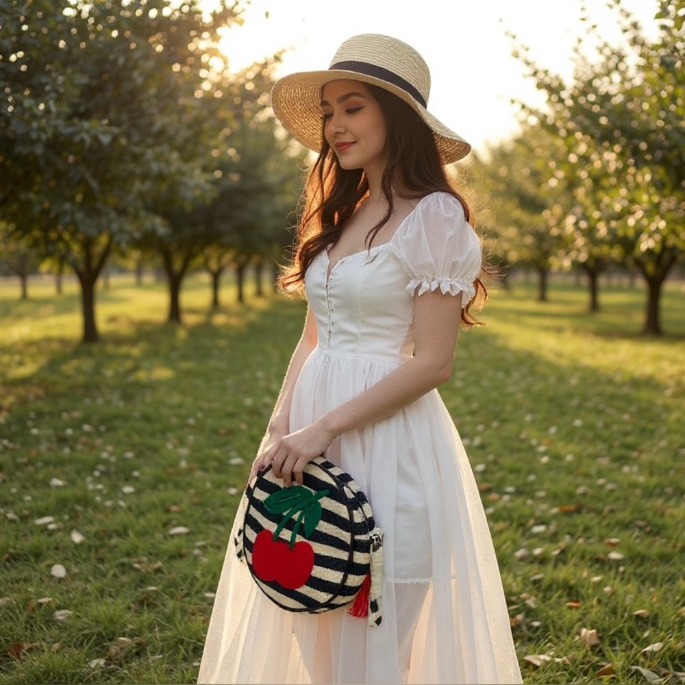 Paper Source 100 % cotton cherry round zip top purse crossbody